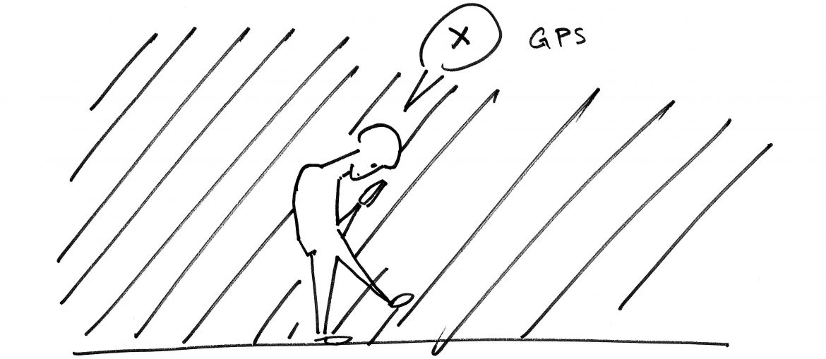 Skizze von Mann in Regen ohne GPS