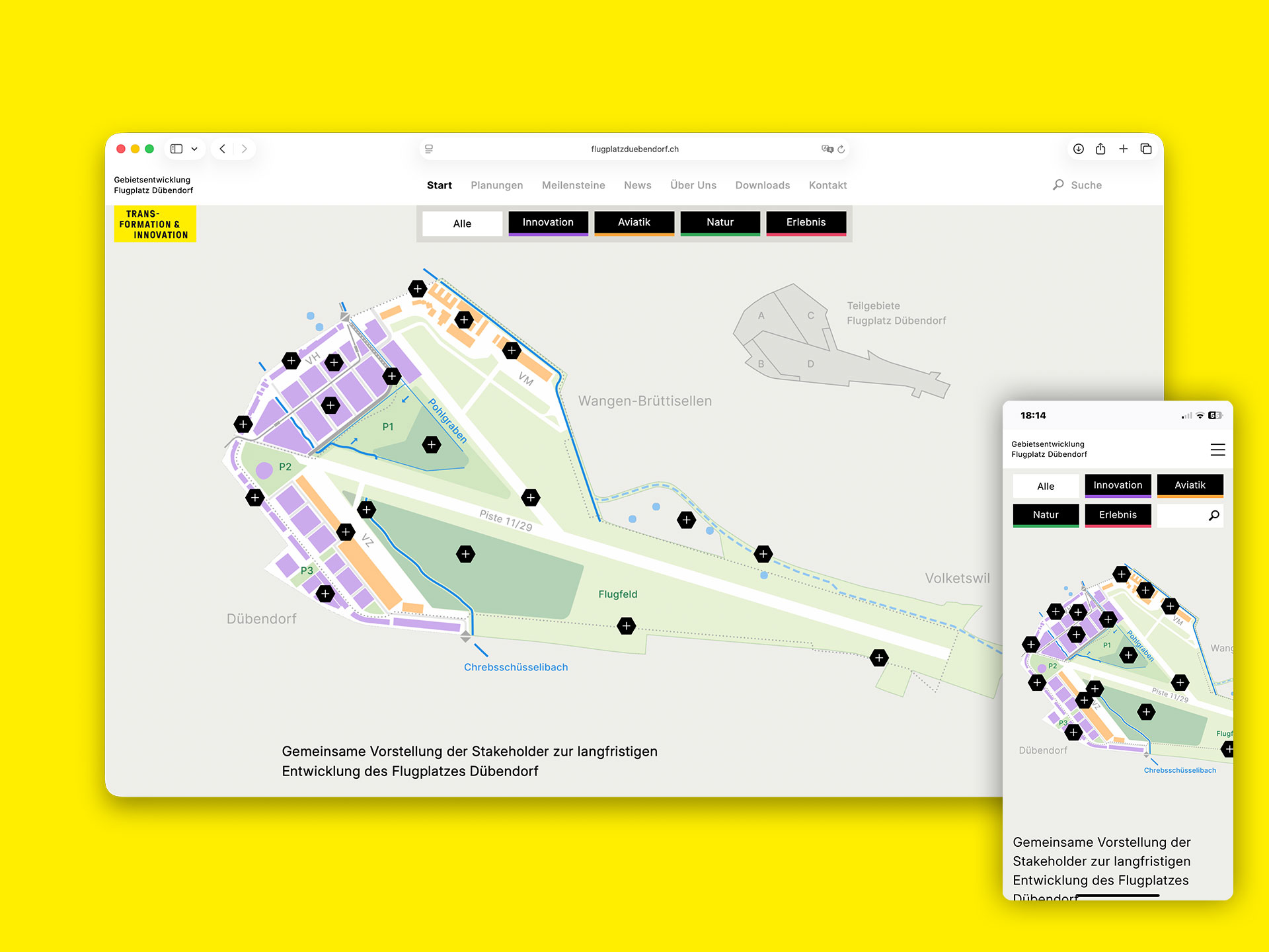 Startseite, Karte mit thematischem Filter, Sechsecke auf der Karte für direkten Zugang zu den Artikeln